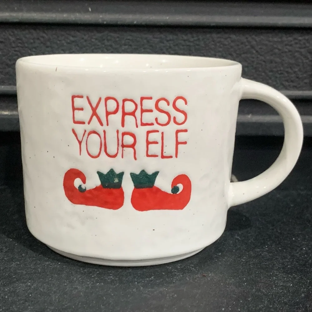 Crate & Barrel Express Your Elf Large Christmas Ceramic Mug Cup White Brand New